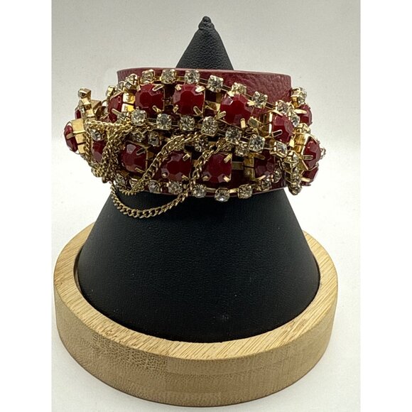 Red & Gold Chain Rhinestone Leather Snap Bracelet - Picture 2 of 7